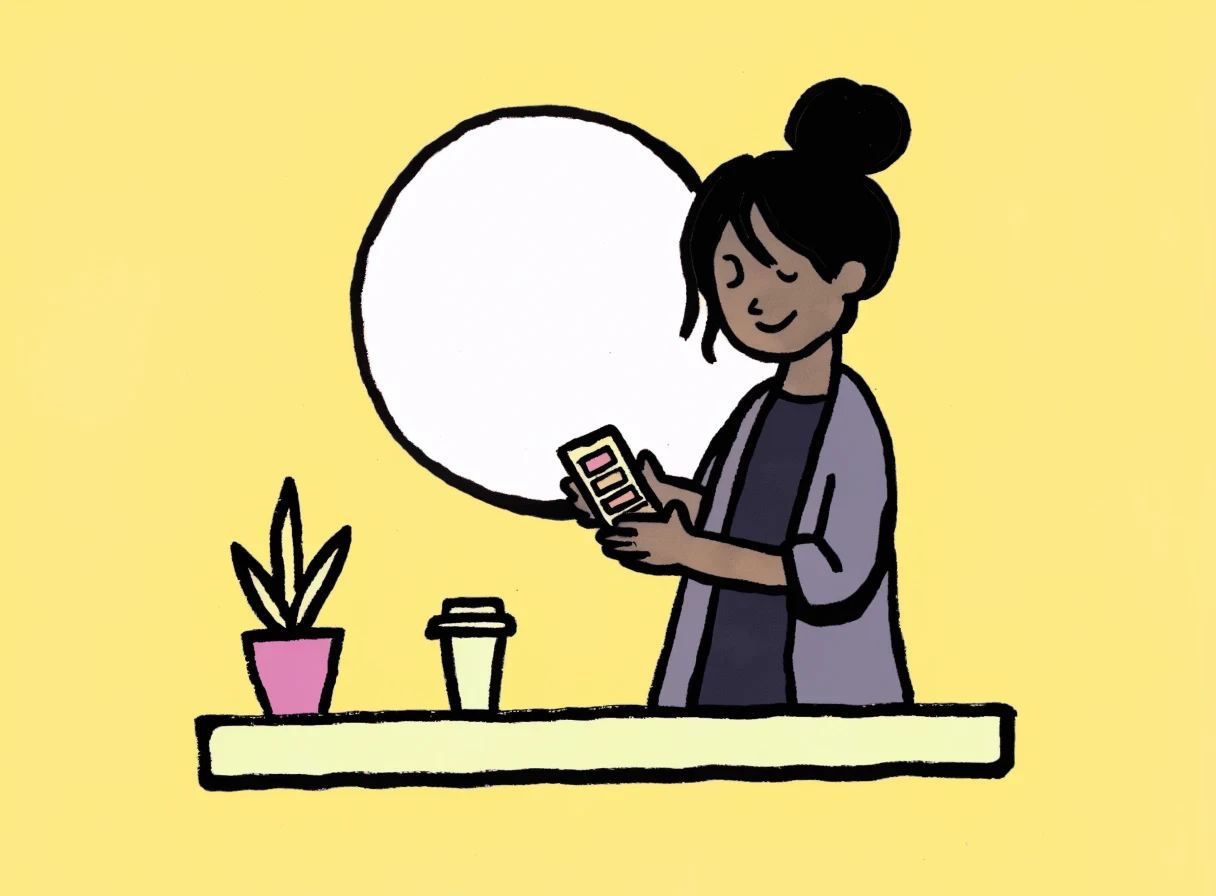 Ilustracija: ista frizerka, uredan pult, raspored na telefonu