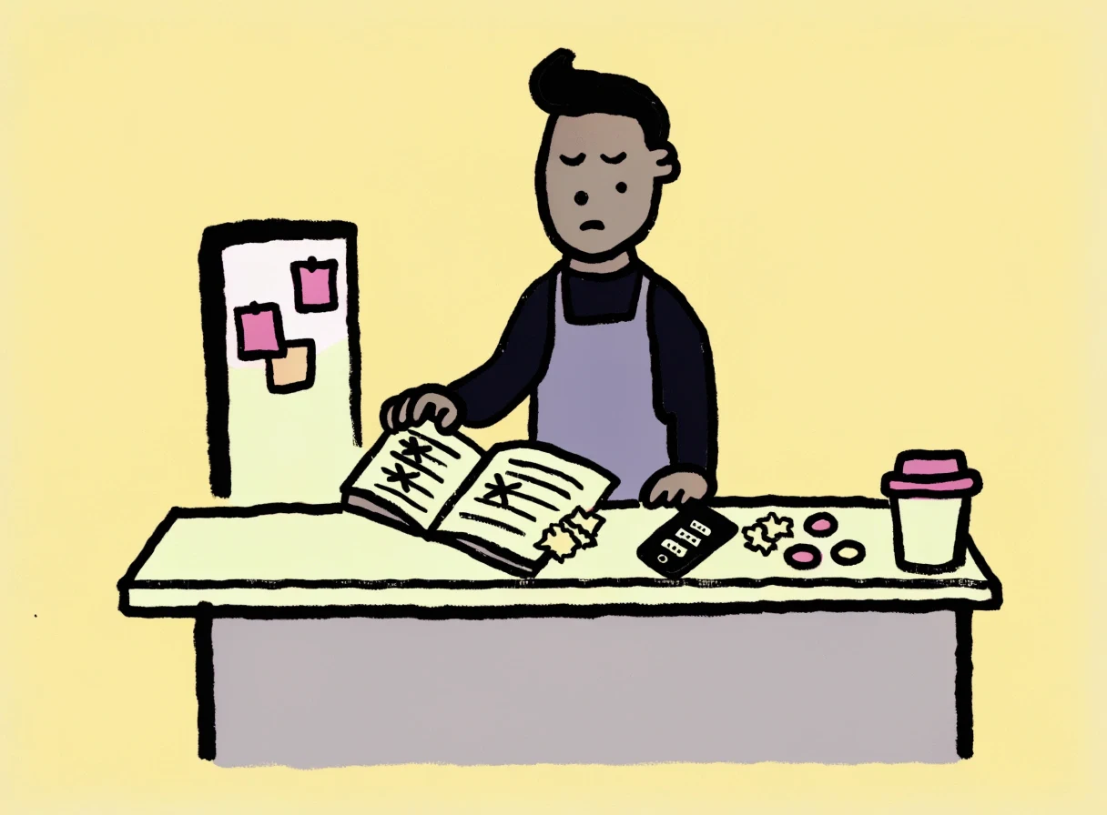 Ilustracija: frizerka za pultom sa sveskom, ceduljama i telefonom punim poruka