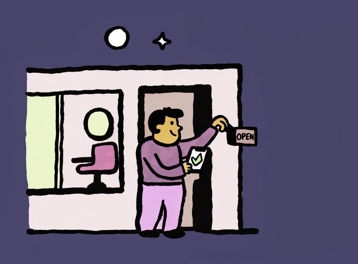 Ilustracija: vlasnica salona uveče okreće tablu na vratima, telefon pokazuje kvačicu