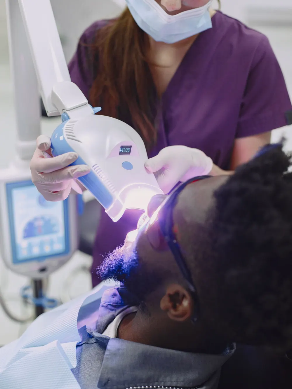 Gel and lamp applied during in-chair teeth whitening