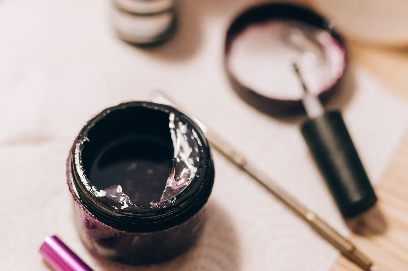 Nail tools in a salon — files, bits and products